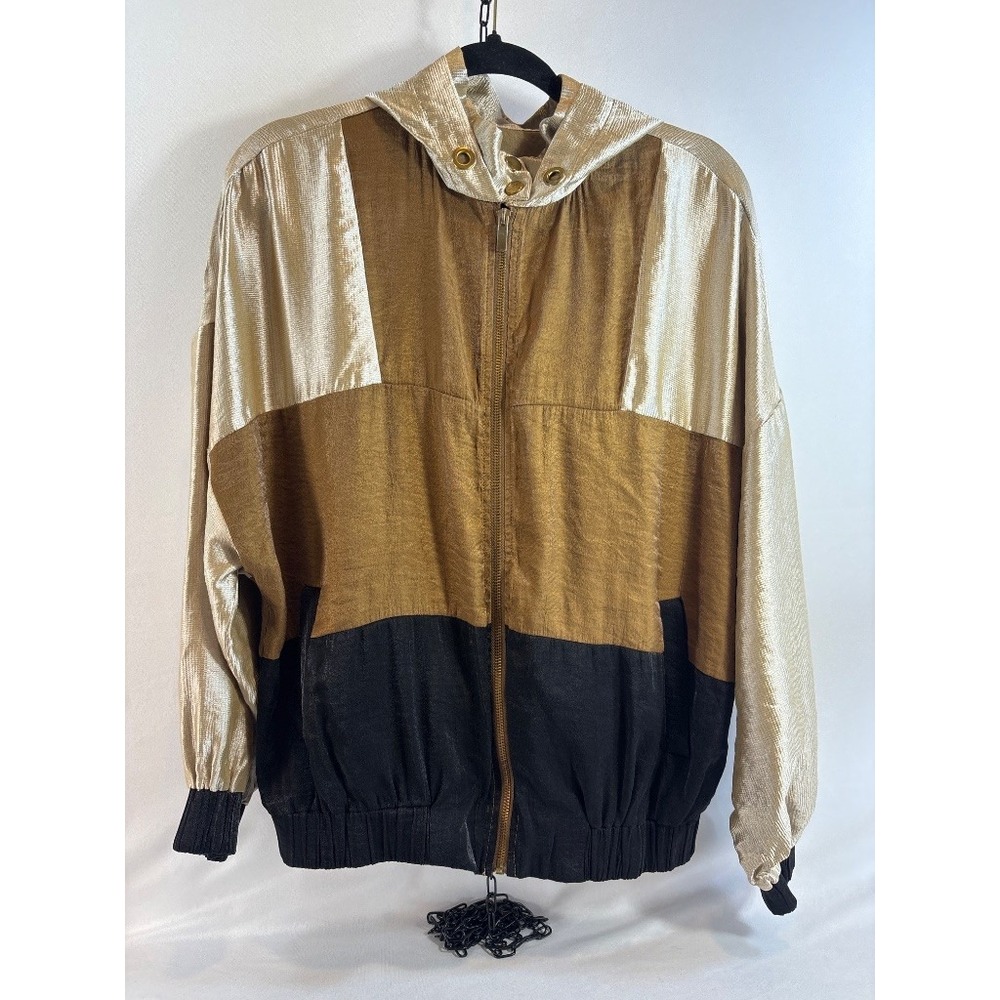 Zara Basic Metallic Color Block Hooded Bomber Jacket Gold Black Size M